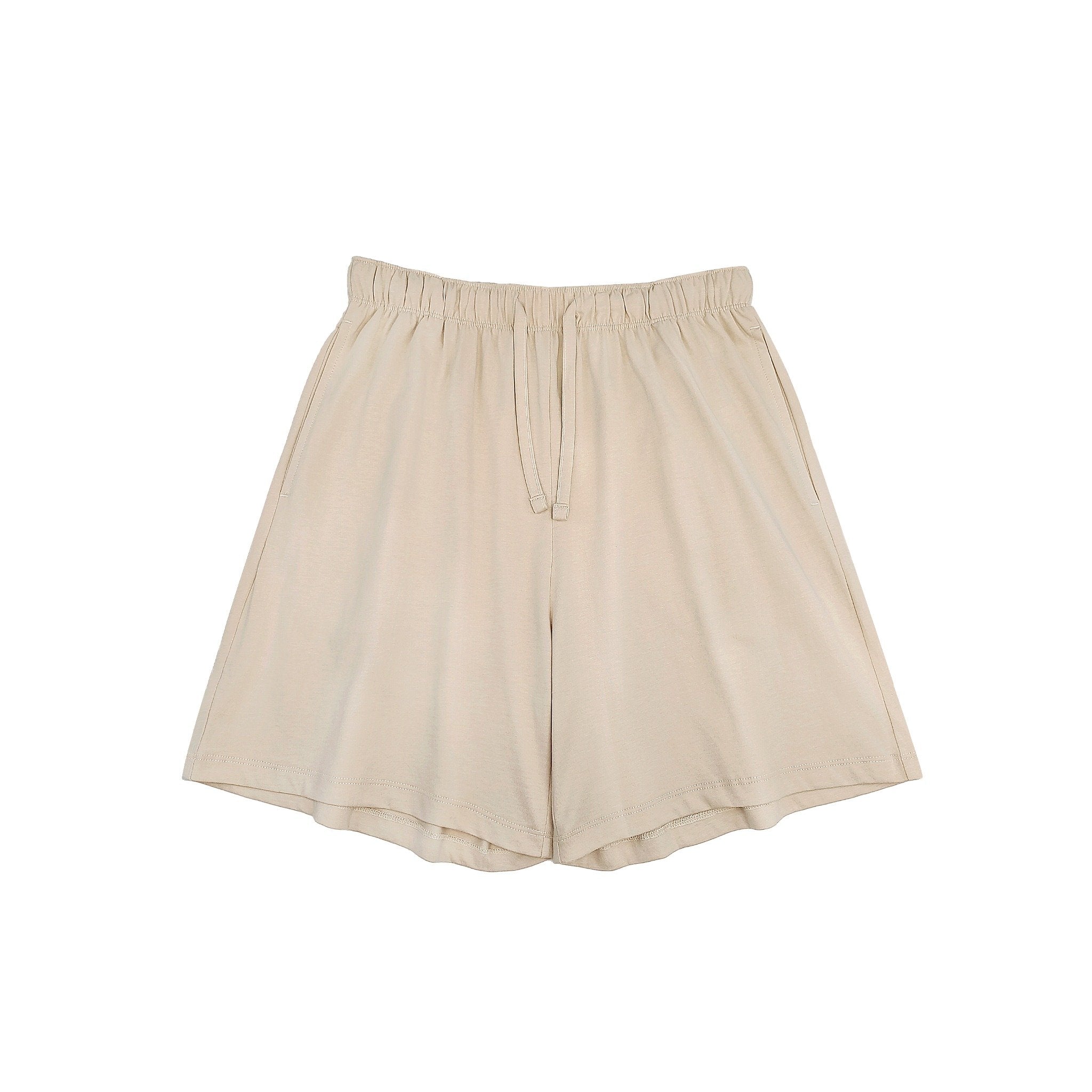 Front view of women’s cotton-linen shorts in creamy beige with drawstring and side pockets